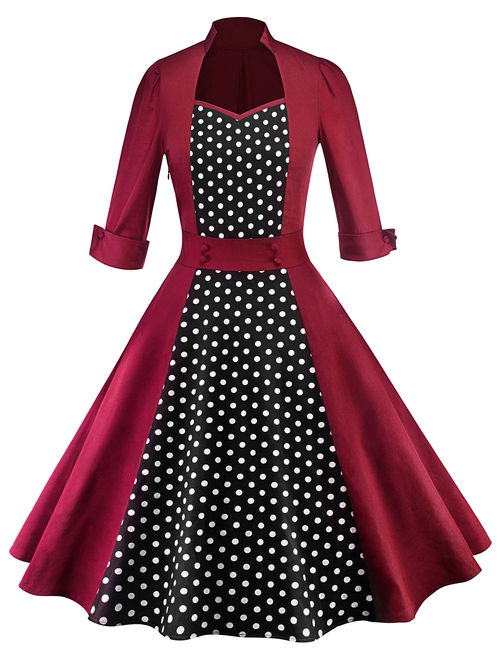 Canis Women Polka Dot Swing 1950s Retro Housewife Pinup Vintage Rockabilly Party Dress Long Sleeve