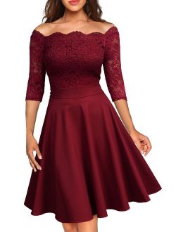 Women's Off Shoulder Contrast Lace 1/2 Sleeve Ecening Party Dress