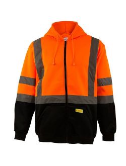 Men's ANSI Class 3 High Visibility Sweatshirt, Full Zip Hooded, Lightweight, Black Bottom - Orange / Extra Large