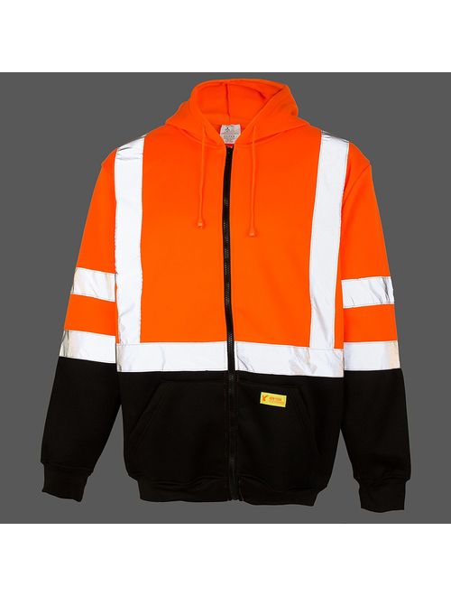 Men's ANSI Class 3 High Visibility Sweatshirt, Full Zip Hooded, Lightweight, Black Bottom - Orange / Extra Large