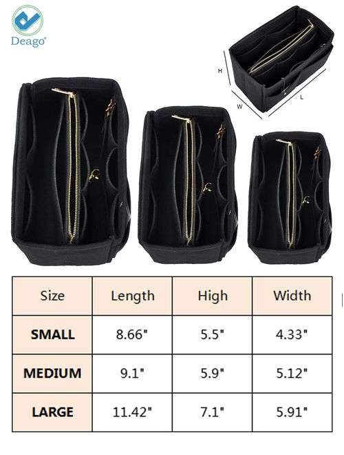 Deago Felt Insert Bag Organizer Bag in Bag with Zipper Inner Pocket for Handbag Tote Shaper fits Speedy Neverfull Longchamp (Black)