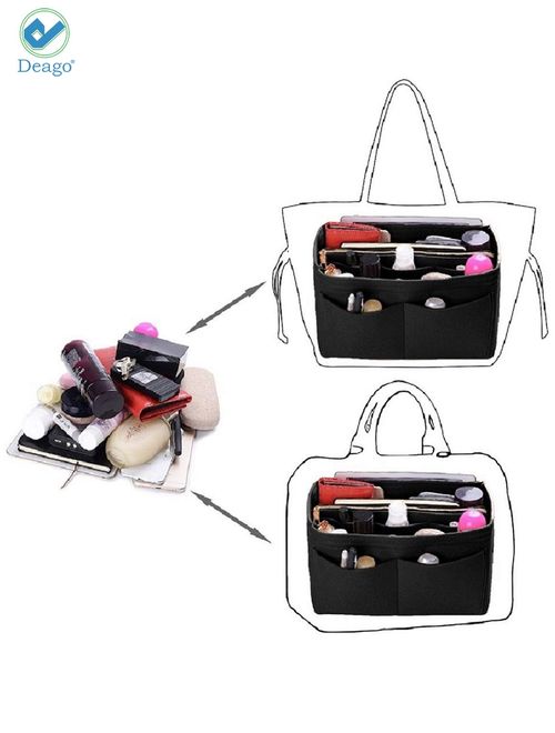 Deago Felt Insert Bag Organizer Bag in Bag with Zipper Inner Pocket for Handbag Tote Shaper fits Speedy Neverfull Longchamp (Black)