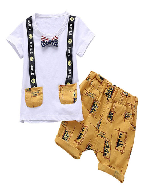 Fymall 2 Piece Boy Cartoon Cute Tie Short Sleeve Cotton T-shirt+Shorts Set