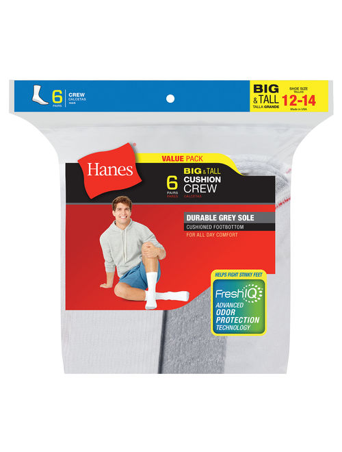 Hanes Men's Cushion Crew Socks, 6 Pack