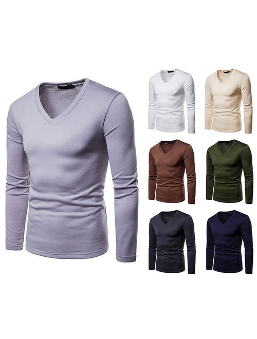 Mens Winter V-Neck T-shirt Long Sleeve Slim Fit Shirt Pullover Sweater Tops