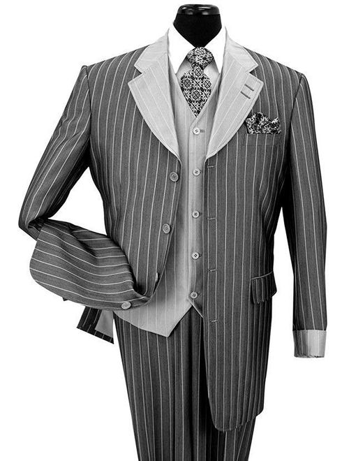 Pinestripe Fashion Suit with Contrast Collar, Cuffs & Vest