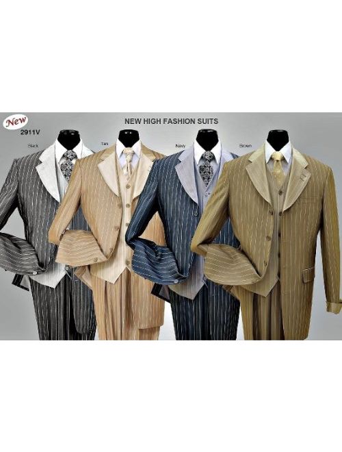 Pinestripe Fashion Suit with Contrast Collar, Cuffs & Vest