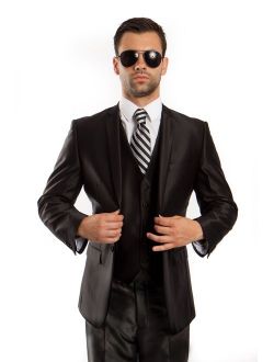 Mens Suit Two Piece Solid Notch Lapel Set With Free Matching Vest