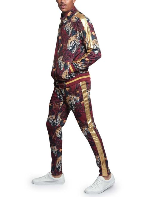 Victorious Royal Floral Tiger Track Suit ST559 - Burgundy - 5X-Large