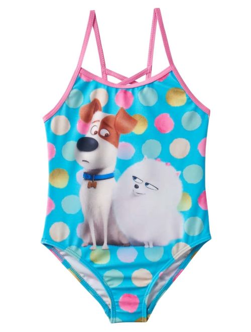 The Secret Life of Pets Girls Blue Polka Dot Swimming Suit 1 Piece Dog Swim