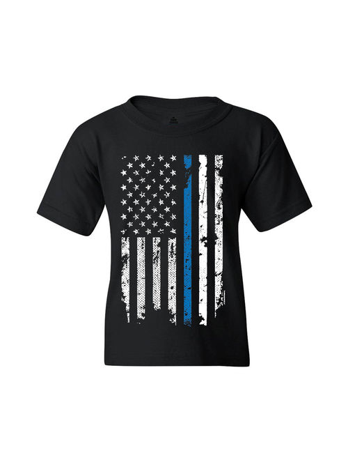 Shop4Ever Youth American Flag Blue Line Patriotic 4th of July Graphic Youth T-Shirt