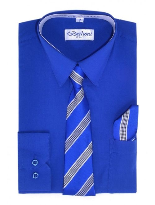 Berlioni Kids Boys Long Sleeve Dress Shirt With Tie and Hanky Blue