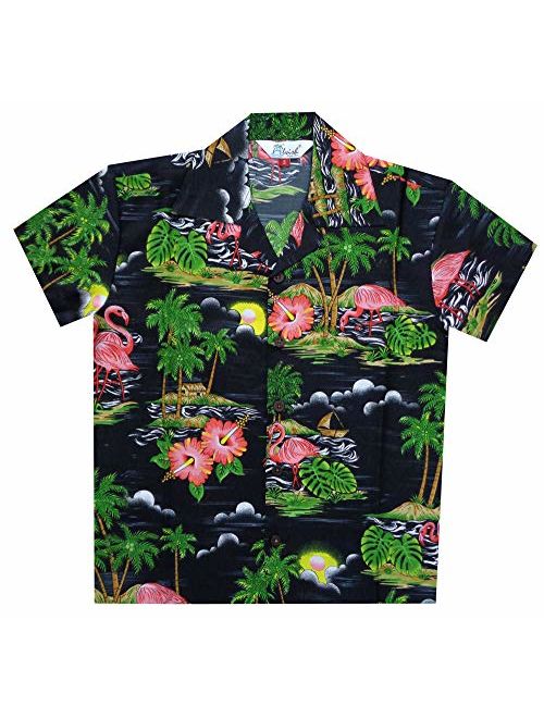 Hawaiian Shirts 48B Boys Scenic Flamingo Beach Aloha Holiday Casual Turquoise M