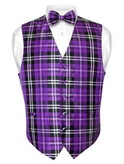 Men's Plaid Design Dress Vest & BOWTie Purple Black White BOW Tie Set