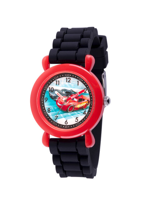 Cars 3 Lightning McQueen and Jackson Storm Boys' Red Plastic Time Teacher Watch, Black Silicone Strap