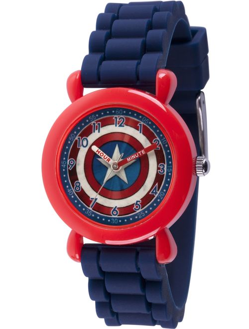 Marvel Avenger Assemble Captain America Boys' Red Plastic Time Teacher Watch, Blue Silicone Strap