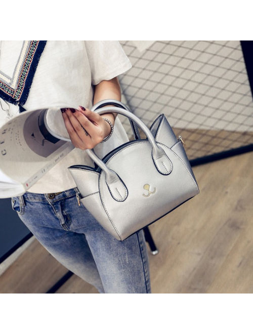 Fashion Women Girls Tote Handbag Cross Body Shoulder Bag Cat Satchel - Silver