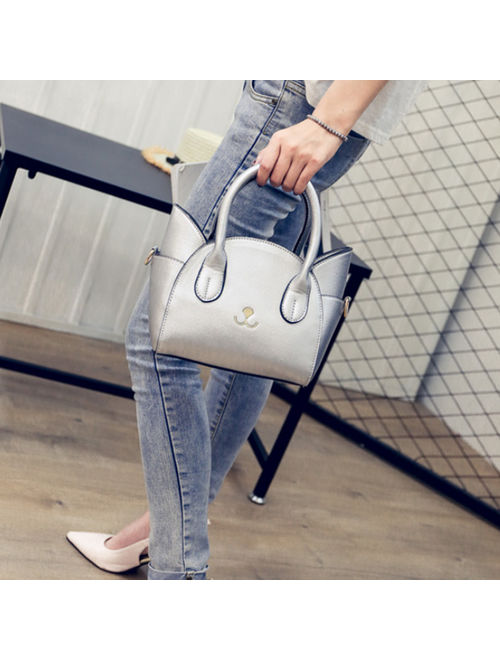 Fashion Women Girls Tote Handbag Cross Body Shoulder Bag Cat Satchel - Silver