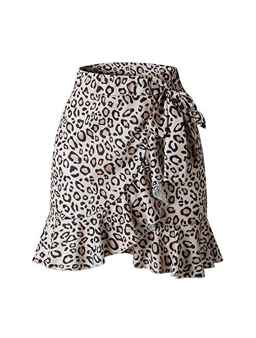 Salamola Women's Leopard Asymmetrical Ruffles High Waist Printed Cute Casual Mini Skirt