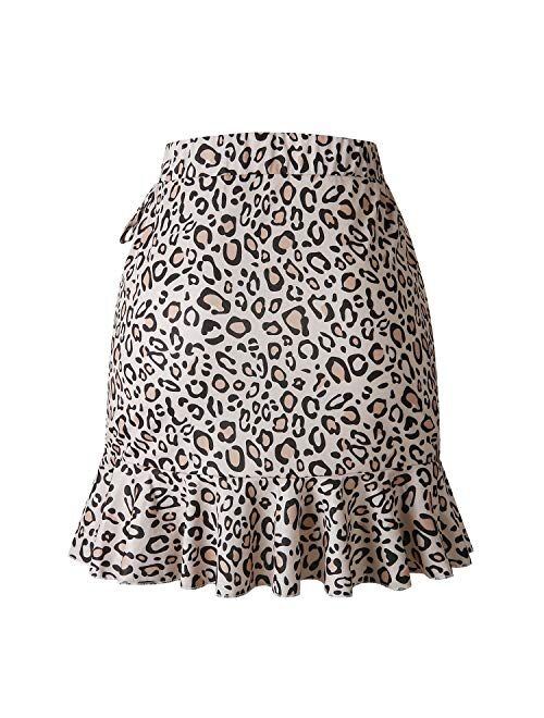 Salamola Women's Leopard Asymmetrical Ruffles High Waist Printed Cute Casual Mini Skirt