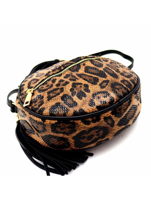 Girls Womens Leopard Snake Print Fur Leather Round Square Crossbody Bag