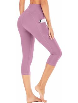 High Waist Yoga Pants with Pockets, Tummy Control Yoga Capris for Women, 4 Way Stretch Capri Leggings with Pockets