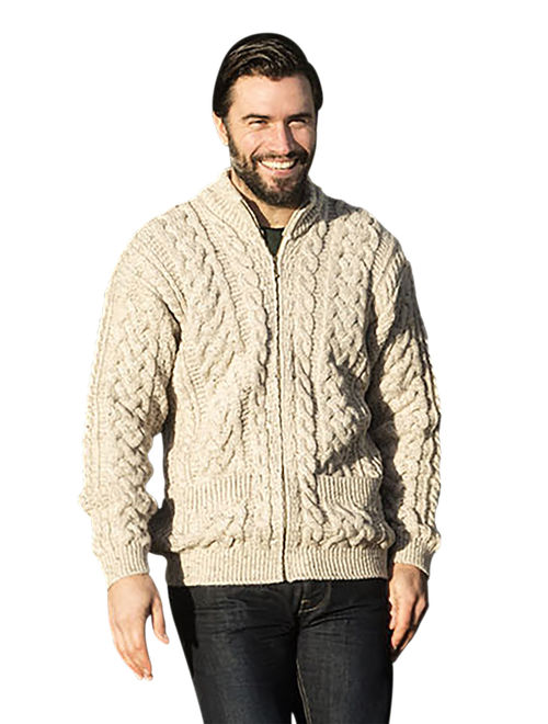 Aran Woollen Mills Men's Wool Irish Zipper Sweater Jacket with Pockets
