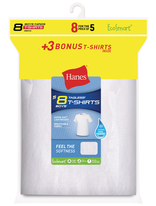 Hanes Boys Undershirts, 5 + 3 Bonus Pack Tagless EcoSmart White Crew Undershirts(Little Boys & Big Boys)
