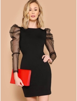 Mesh Leg-of-mutton Sleeve Fitted Dress