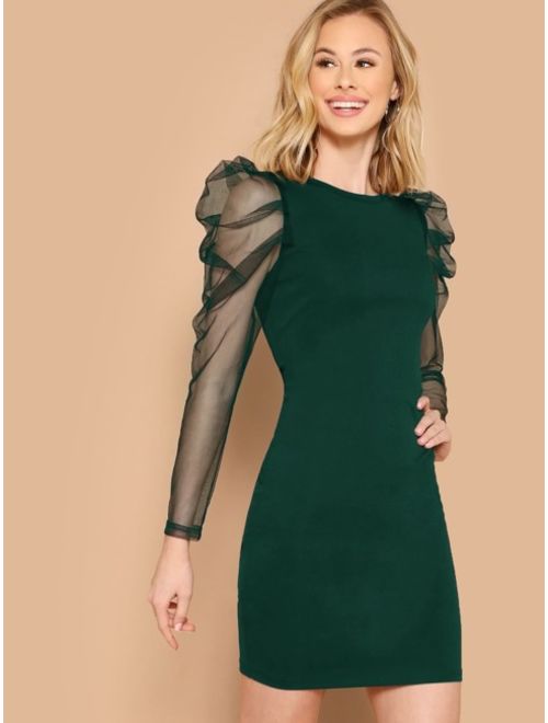 Shein Mesh Leg-of-mutton Sleeve Fitted Dress