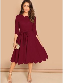 Scallop Trim Solid Belted Dress