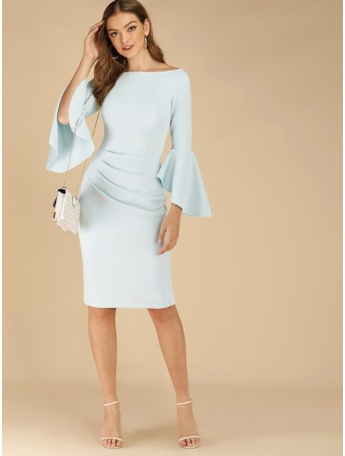 Shein Solid Flounce Sleeve Boat Neck Bodycon Dress