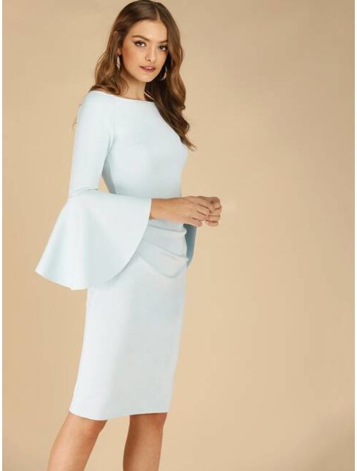 Shein Solid Flounce Sleeve Boat Neck Bodycon Dress