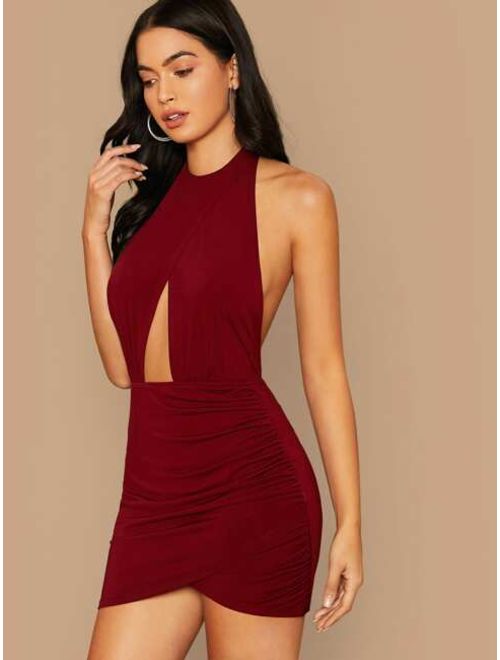 Shein Peekaboo Front Wrap Ruched Detail Halter Backless Dress