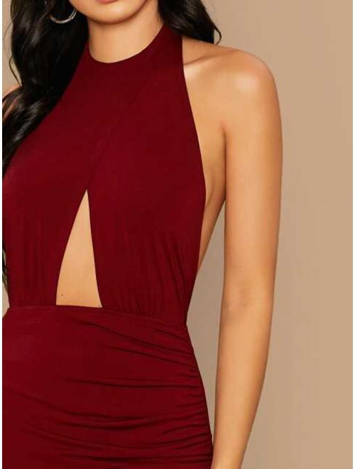 Shein Peekaboo Front Wrap Ruched Detail Halter Backless Dress