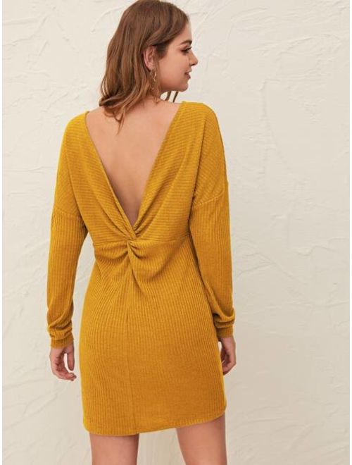 Shein Twist Detail Low Back Drop Shoulder Rib-knit Dress