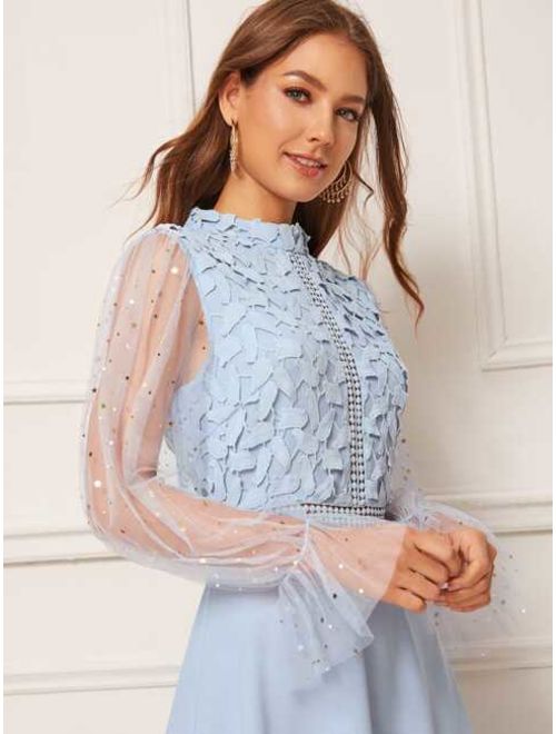 Shein Star Mesh Bell Sleeve Guipure Lace Bodice Solid Dress