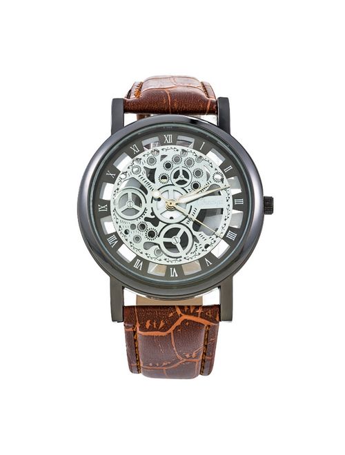 MJARTORIA Unisex Mechanical Manual Winding Sports Watch(Artificial Leather Number Scale Hollow,Brown Style 5)