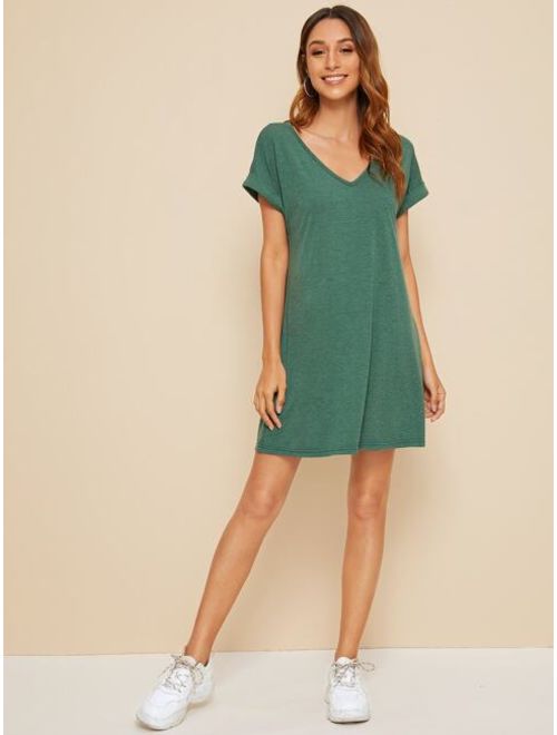 Shein Solid Roll Up Sleeve T-shirt Dress