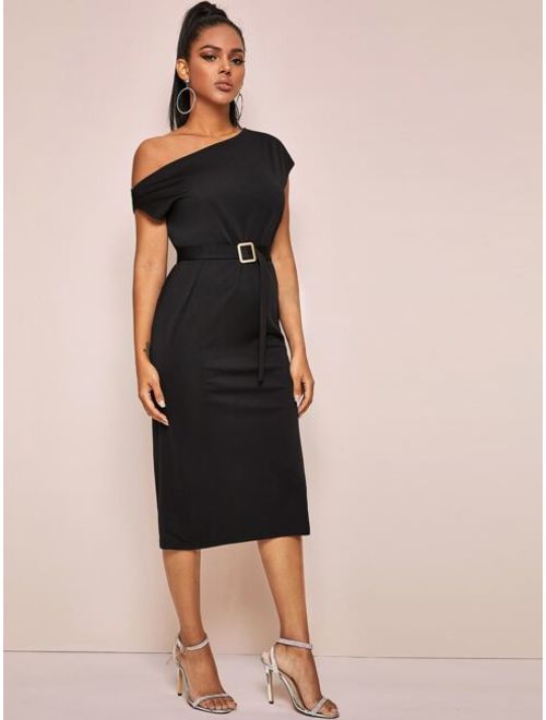 Shein Solid Asymmetrical Neck Buckle Belted Dress