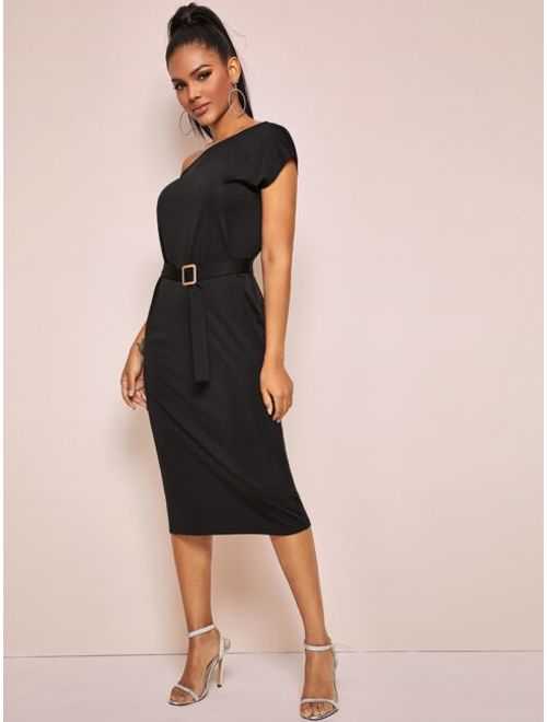 Shein Solid Asymmetrical Neck Buckle Belted Dress