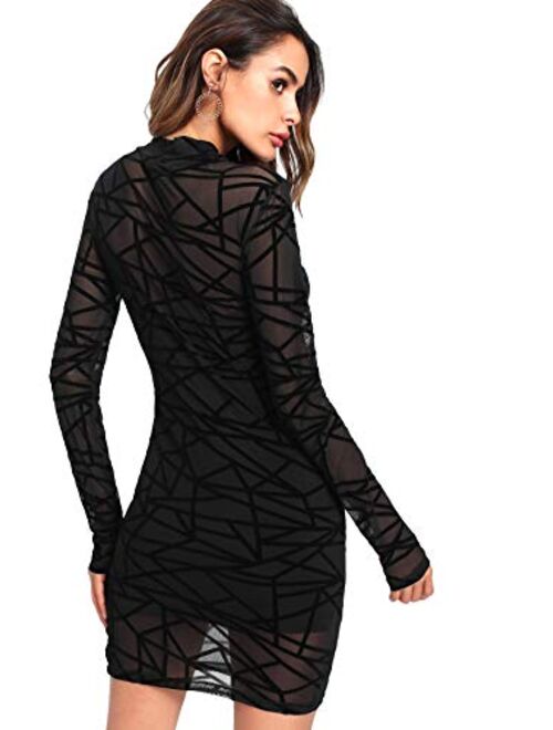 ROMWE Women's See Through Mesh Long Sleeve Stretch Bodycon Dress Without Camisole