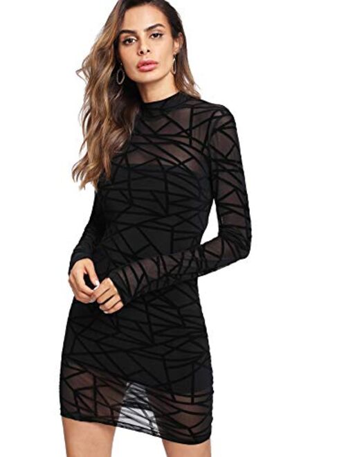 ROMWE Women's See Through Mesh Long Sleeve Stretch Bodycon Dress Without Camisole