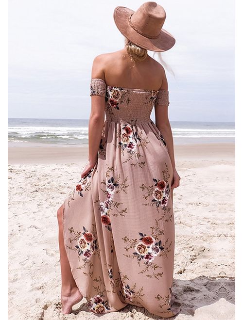 Summer Beach Maxi Dresses for Women Off The Shoulder Floral Boho Sundresses