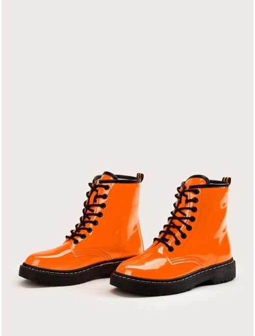 Shein Neon Orange Contrast Trim Combat Boots