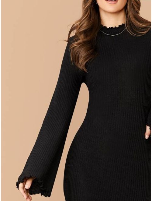 Shein Bell Sleeve Lettuce Trim Rib-knit Bodycon Dress