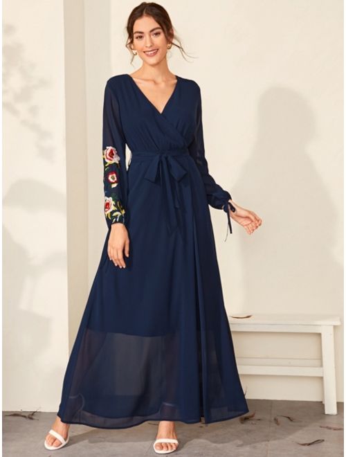 Shein Embroidered Flower Wrap Belted Maxi Dress