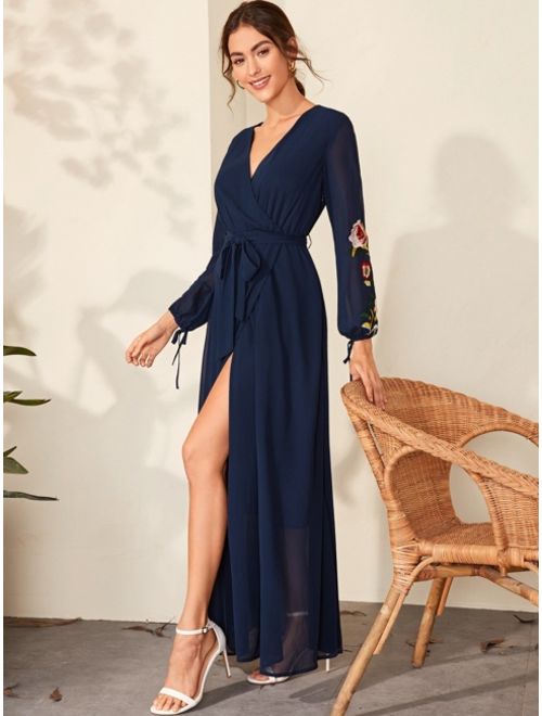 Shein Embroidered Flower Wrap Belted Maxi Dress