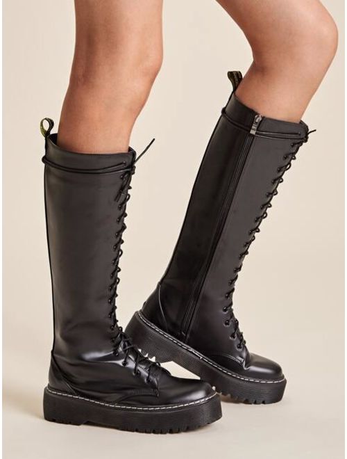 Buy Shein Lace-up Front Side Zip Knee High Boots online | Topofstyle