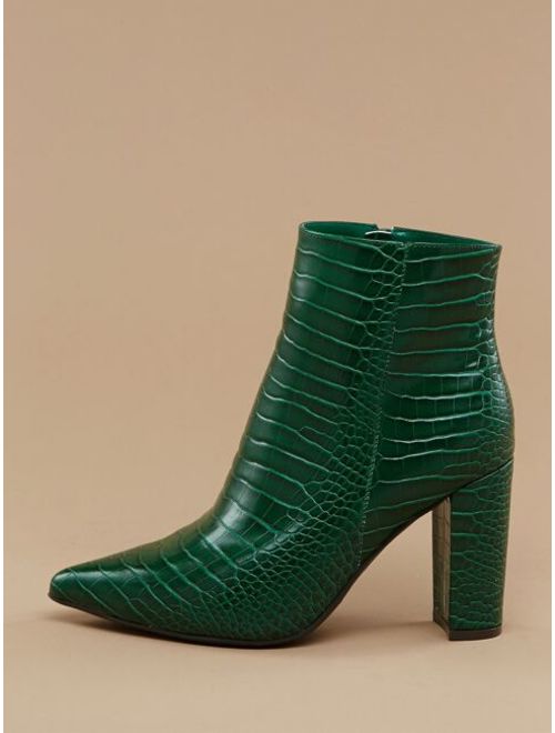 Shein Croco Embossed Pointy Toe Block Heel Ankle Boots